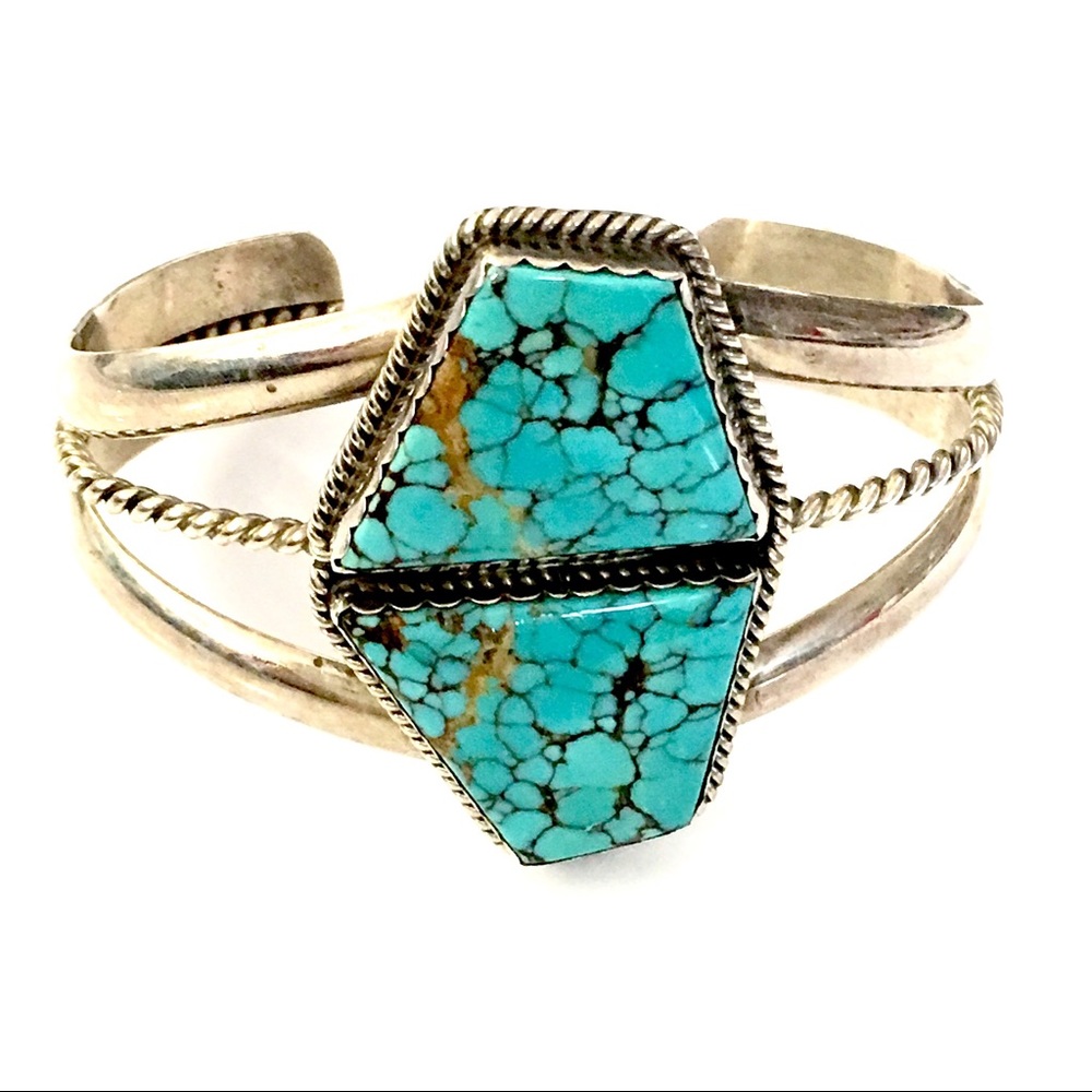Signed Sterling Turquoise Modernist Cuff Bracelet